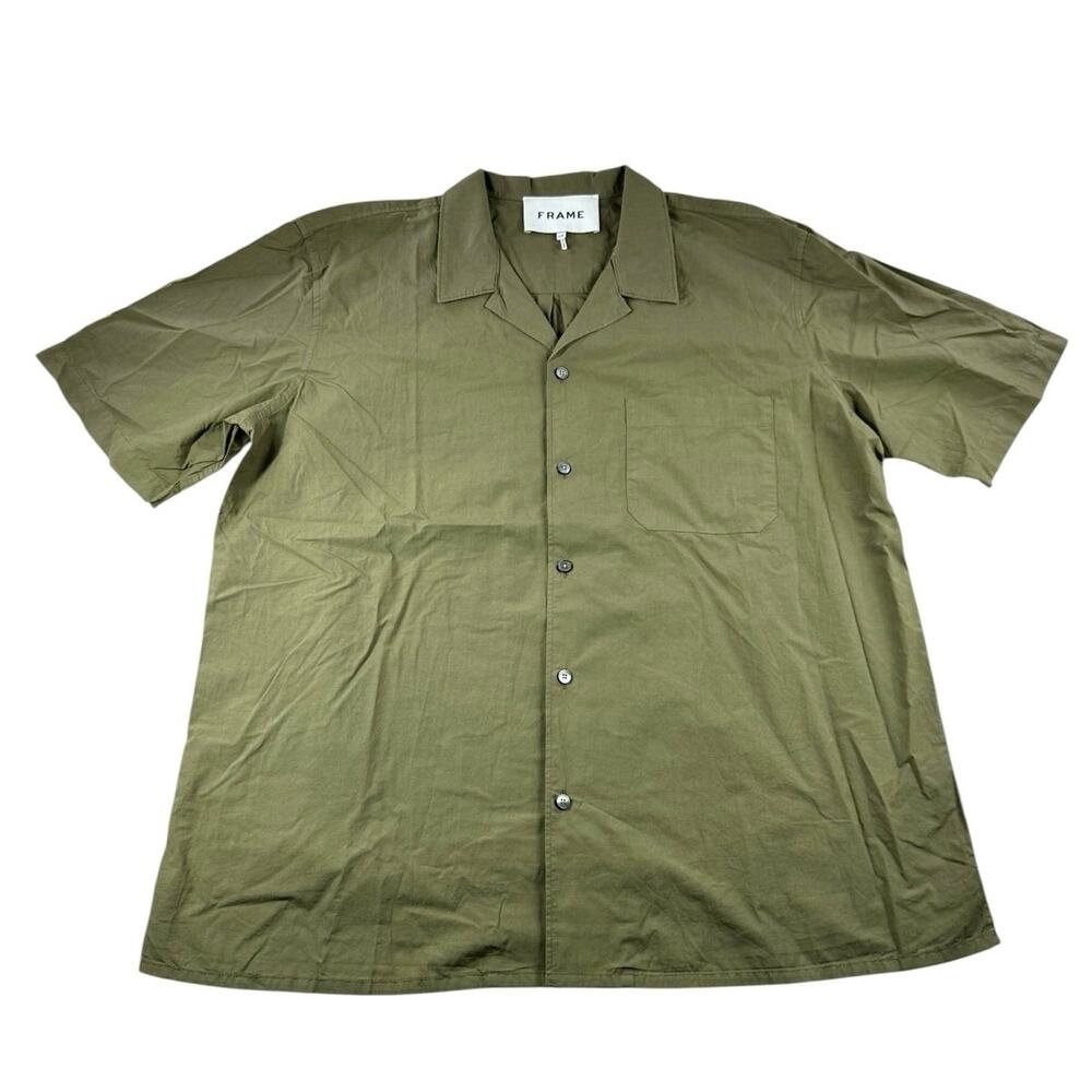 Frame Camp Collar Short Sleeve Button Up Shirt Mens L Olive Green Relaxed Fit